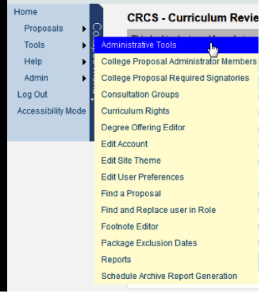 Pop-up menu that appears when you click on the Tools menu choice. The first choice in the pop-up menu is Administrative Tools.