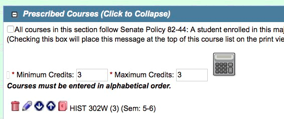 Screen capture of Prescribed Courses form showing minimum and maximum credits of 3.