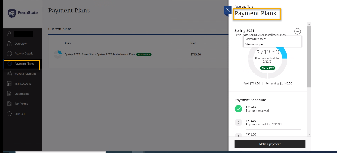 Screenshot with Payment Plans details