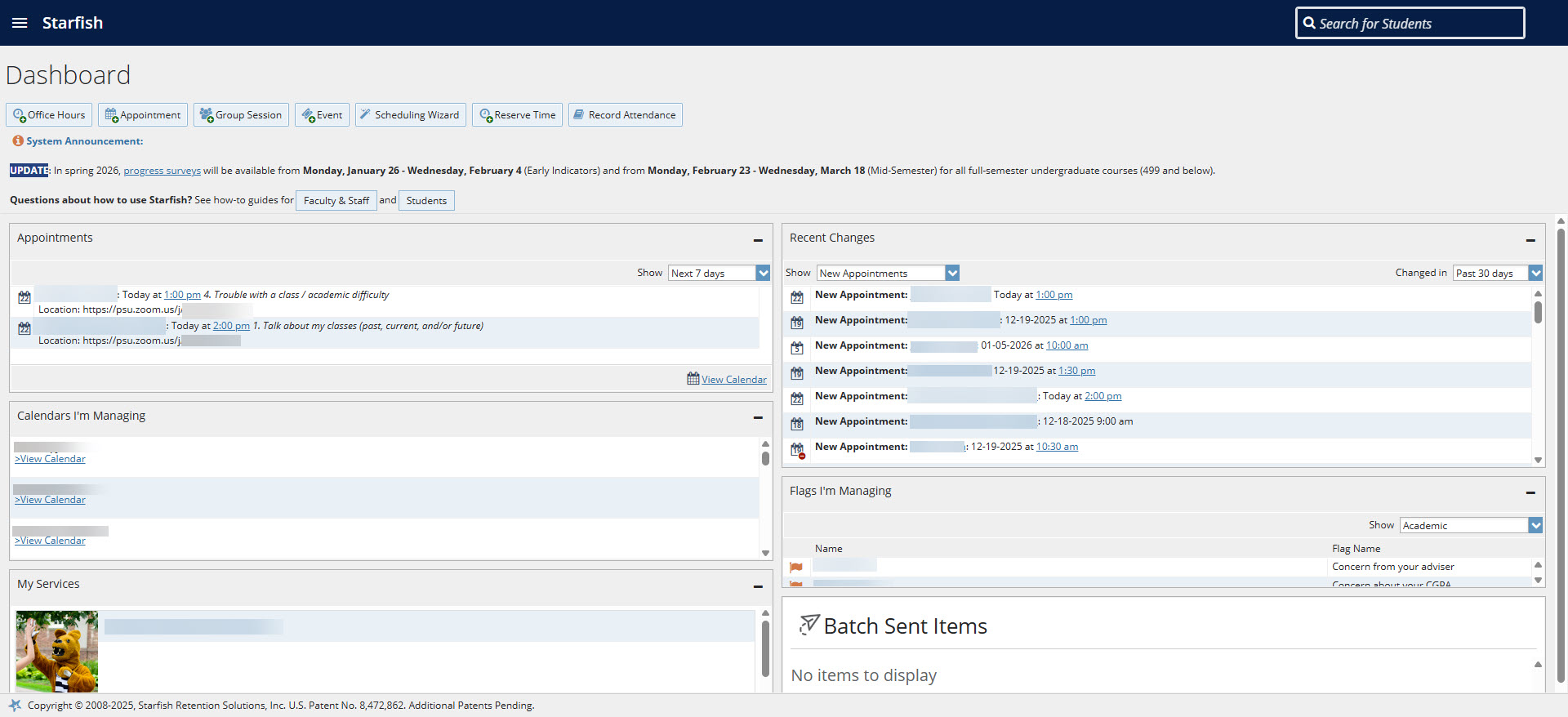 Screenshot of the faculty/staff dashboard in Starfish.