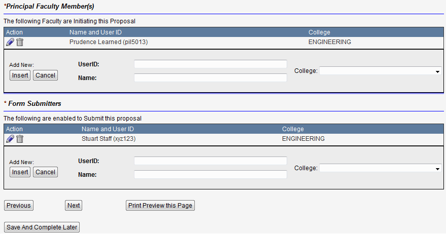 Screen capture of Proposal Initiator and Submitter Form filled in with the faculty and staff member name, user I D, and college.