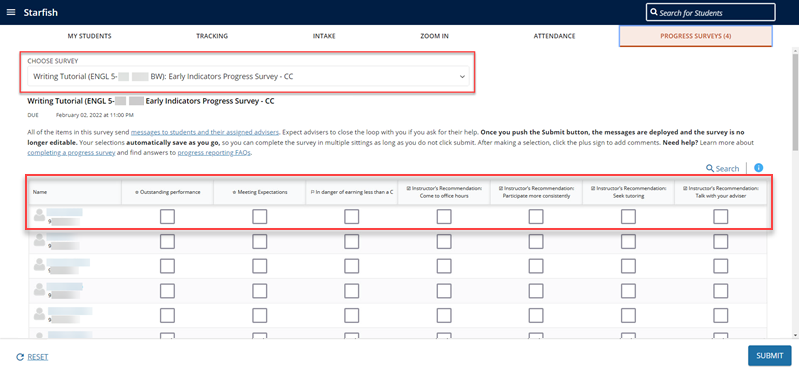 Starfish progress survey screen with checkboxes highlighted on course roster