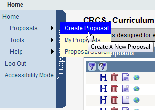 Screen capture of top left menu on home screen with Proposals, Create Proposal selected.