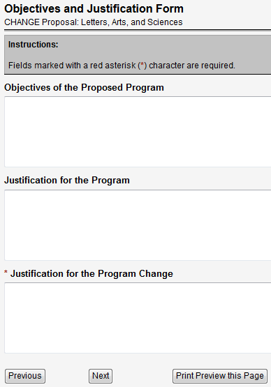 Screen capture of Objectives and Justification Form.