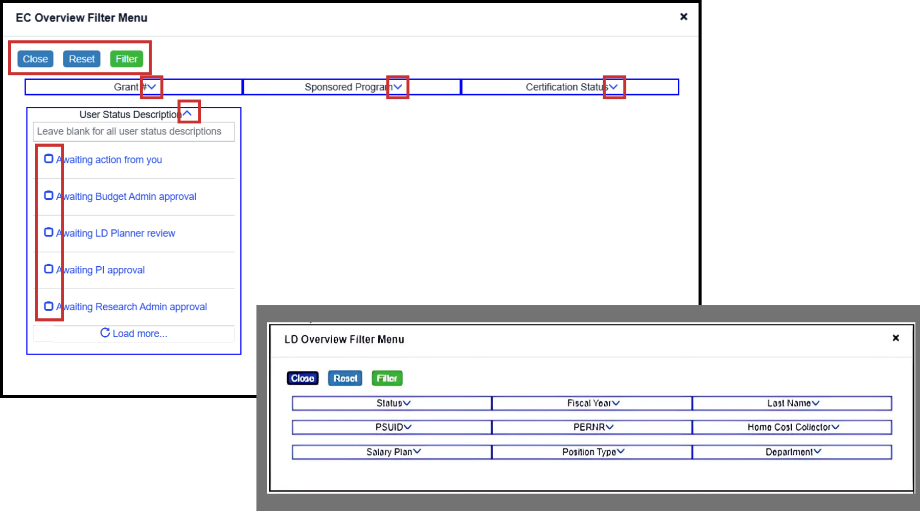 Figure 7. EC and LD Overview Filter Menu dialogs.