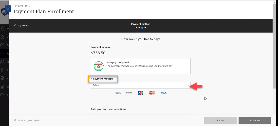 Screenshot of Payment Plan payment method page