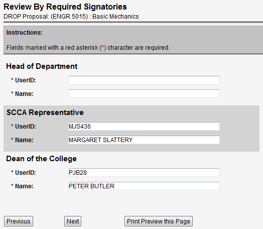 Screen capture of Review By Required Signatories screen with SCCA Representative and Dean of the College automatically filled in, but Head of Department needing to be filled in.
