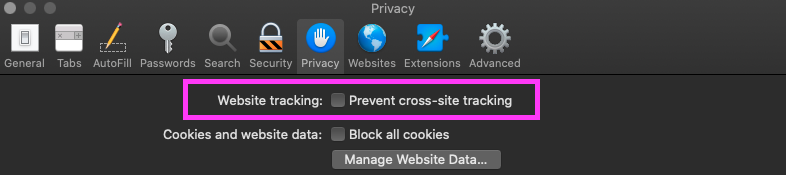 prevent cross site tracking is unchecked