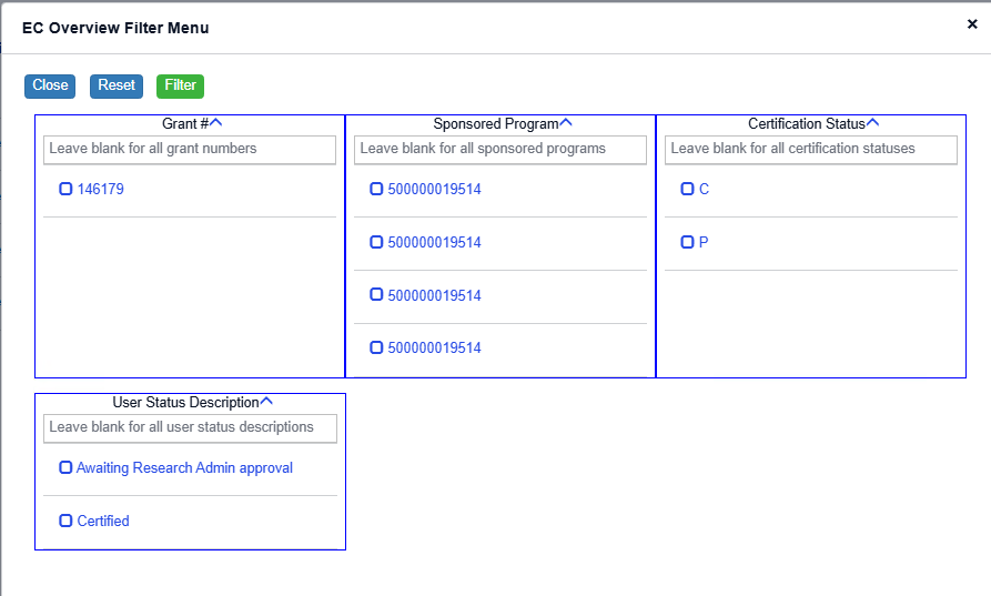 EC Overview Filter Menu