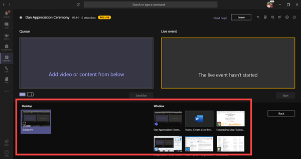 The Desktop or Window options to Share in a Teams Live event.