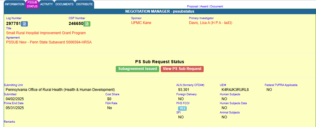 A view of the PSSUB Status tab in Negotiation Manager.