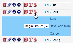 Screen capture of inserting a group connector in the prerequisite courses portion of the screen.