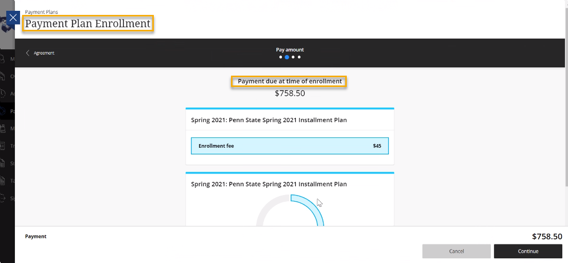 Screenshot of Payment Plan Enrollment page displaying payment due