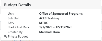 Budget details box with information about the unit and, F&A, start/end date, and creator.