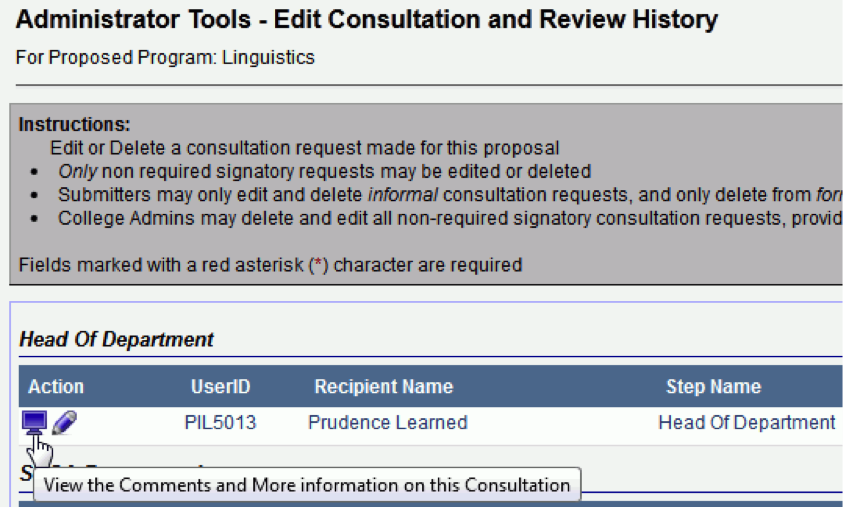 The computer monitor icon on the Edit Consultation and Review History page is the first icon from the left.