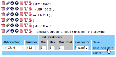 Screen capture of information entered for elective course with OR selected.