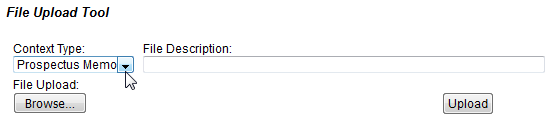 Screen capture of File Upload Tool section for uploading of prospectus memo.