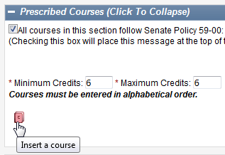 Screen capture of insert a course icon resembling a book in Prescribed Courses section.