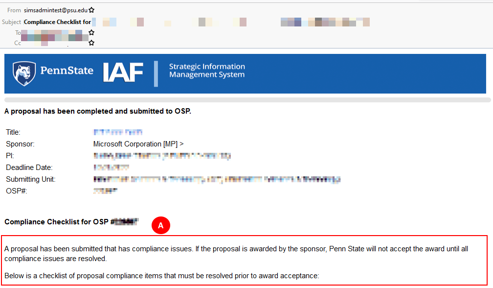 An Example IAF Compliance Checklist Email.  A red box appears surrounding the text "A proposal has been submitted that has compliance issues."  With a call out labeled A