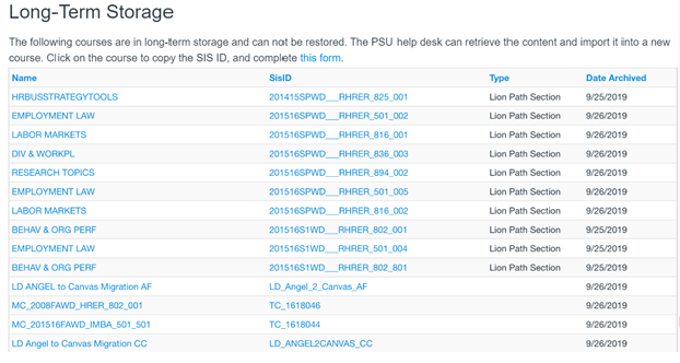 List of courses in long-term storage.
