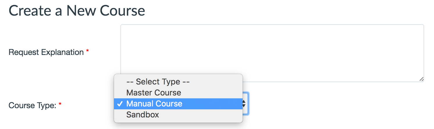 Create a New Course screen with Manual Course selected
