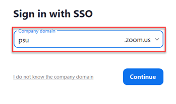 The Sign In with SSO screen showing "psu" entered in the company domain field.