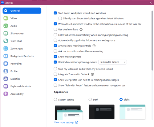 The Zoom settings dialog box