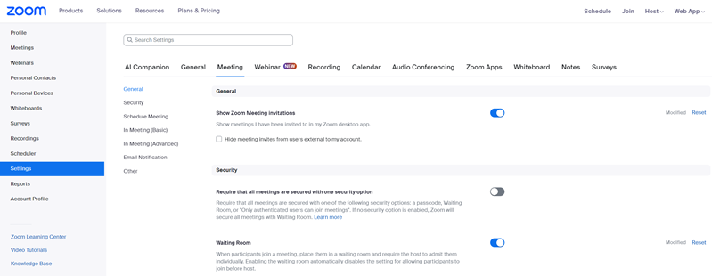 Blue settings are active in Zoom while gray settings are inactive.