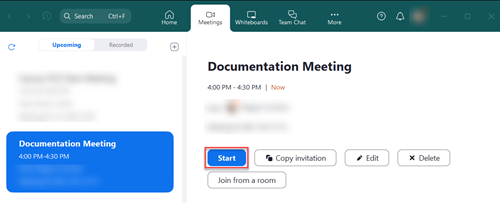 Start button for an upcoming meeting