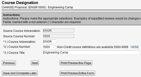 Screen capture of Course Designation screen with editable course abbreviation, number, and title.