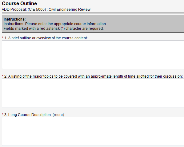 Screen capture of first portion of Course Outline screen with brief outline, major topics, and long course description fields.