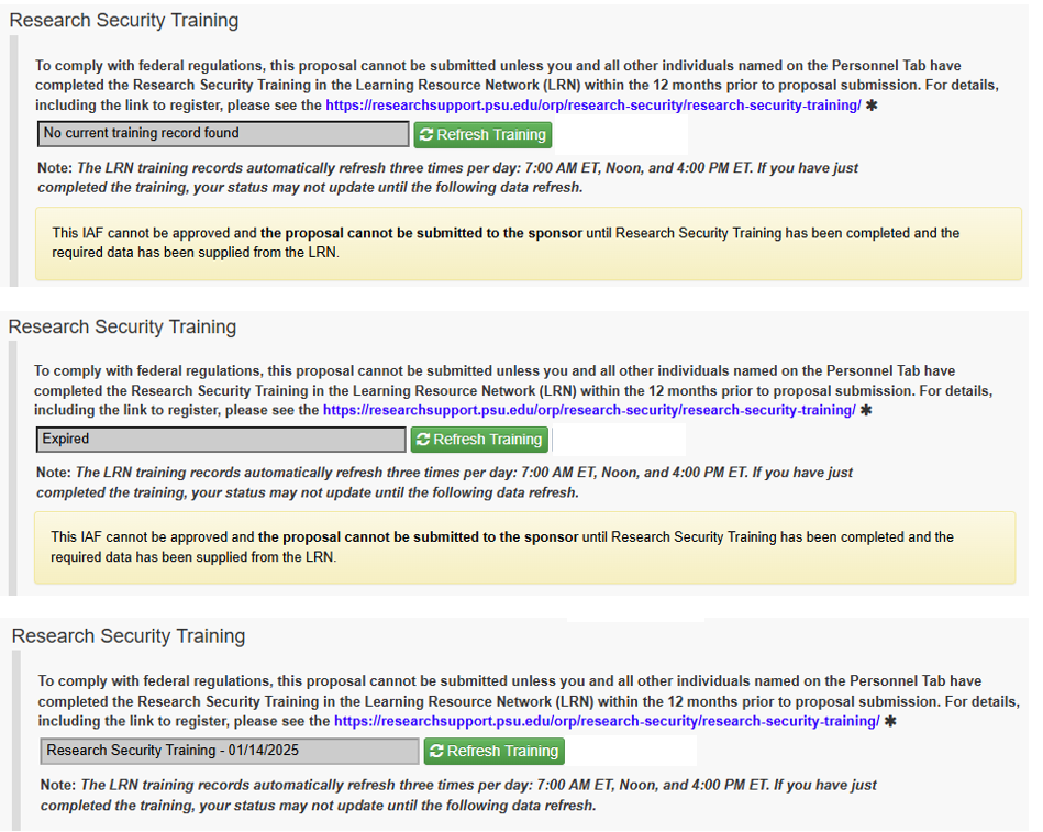 Research Security Training section scenarios where 1) no current training record found 2) Training is Expired and 3) Training is current.