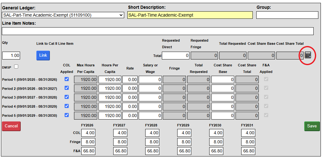 Screenshot of Category Line Items Calculator Button Call Out.