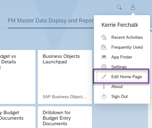 Person Icon Menu showing Edit Home Page