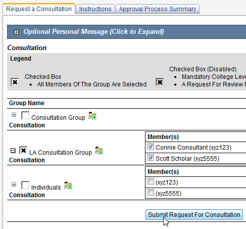 Screen capture of consultation group selection section of Consultation Request screen.