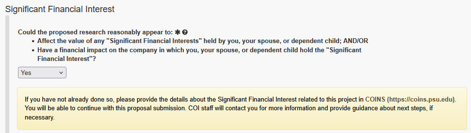Significant Financial Interest section shown with question answered yes