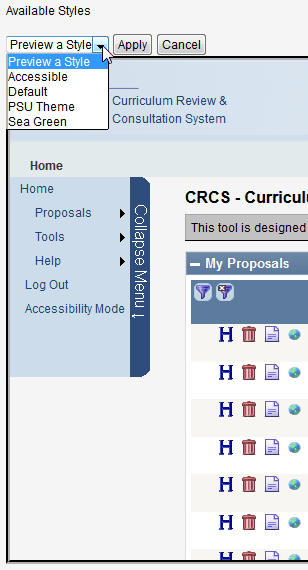 Screen capture of Preview a Style pull-down menu with the four theme options.