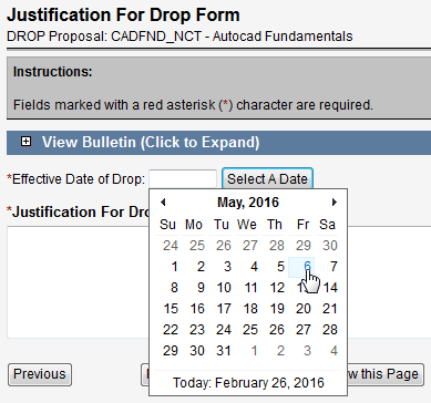 Screen capture of Justification For Drop Form with Select A Date tool.