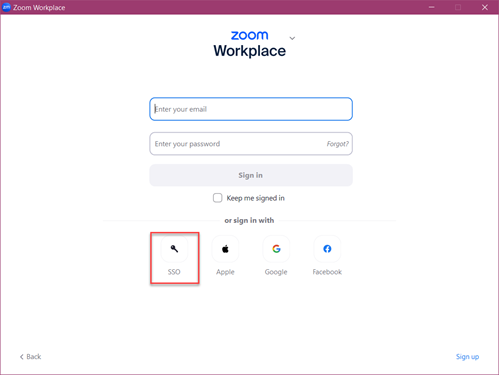 Zoom sign in with SSO option highlighted