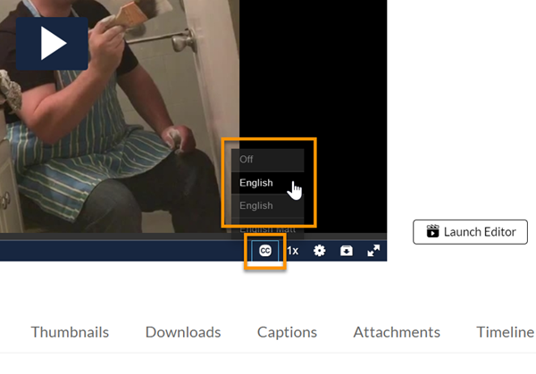 The CC icon and caption file labels for a video.
