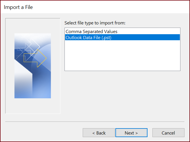 A screenshot of the Import a File screen with "Outlook Data File (.pst)" selected.