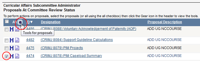 Screen capture of Proposals At Committee Review Status list with check box selected and gear icon being clicked.