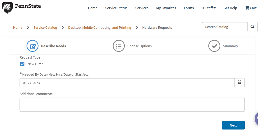 Image of New Hire options on the Hardware Requests Order Guide