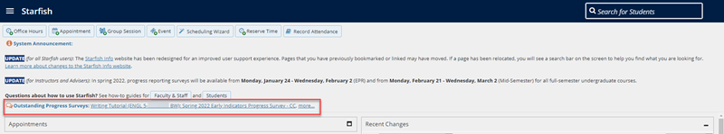 Starfish homepage highlighting "Outstanding Progress Surveys" link