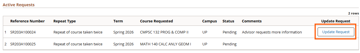 Active Requests grid with Update Request button highlighted