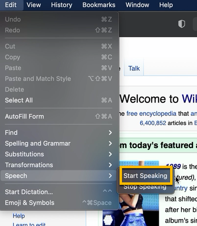 Select Speech, then Start Speaking from the Safari Edit menu.