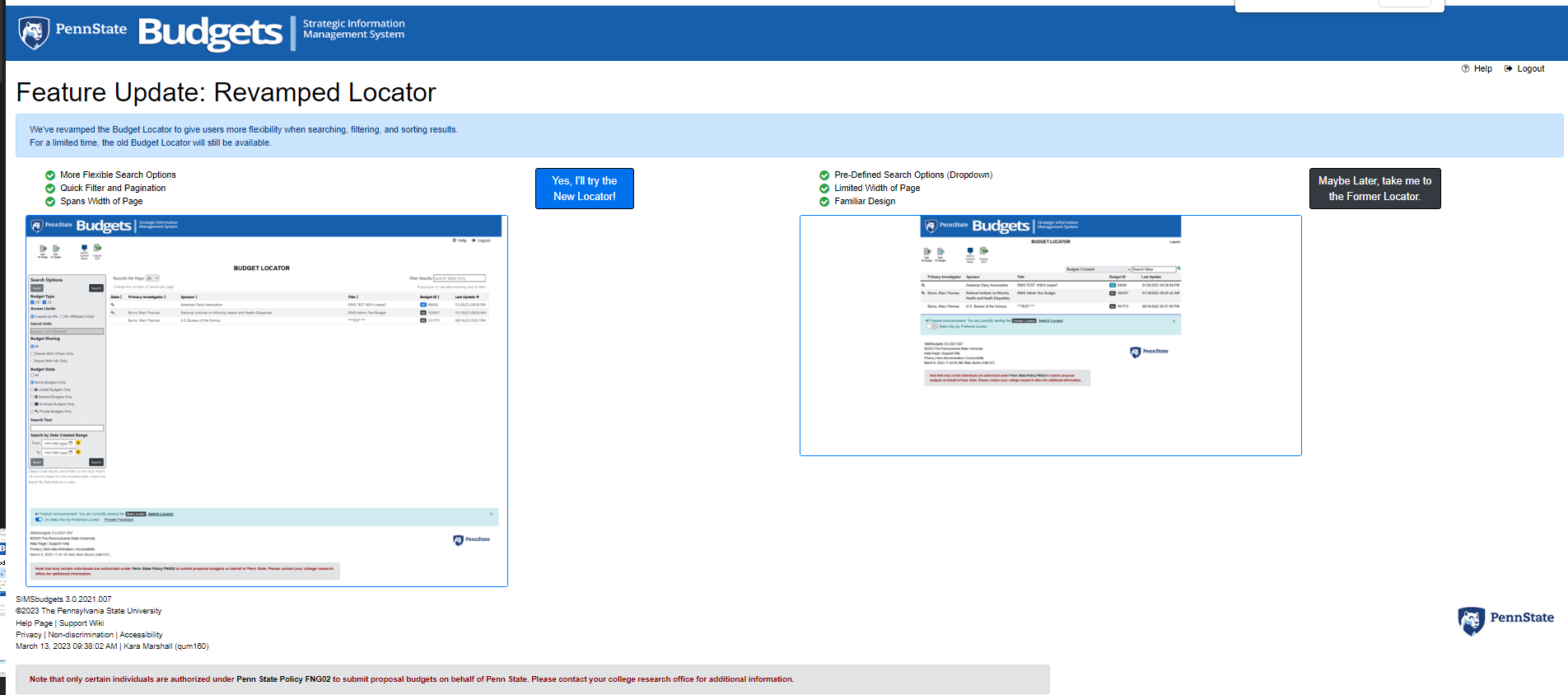 Feature update view of the revamped budget locator.