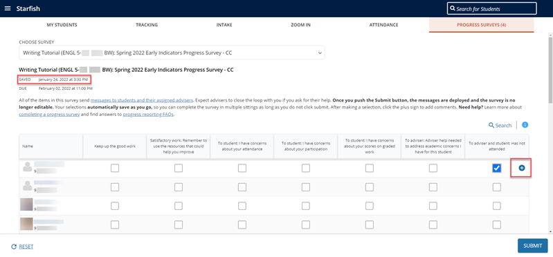 Starfish progress survey with plus icon highlighted for adding comments as well as a the saved indicator with the last time saved