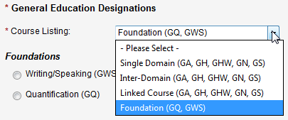 Screen capture of General Education Designations section.