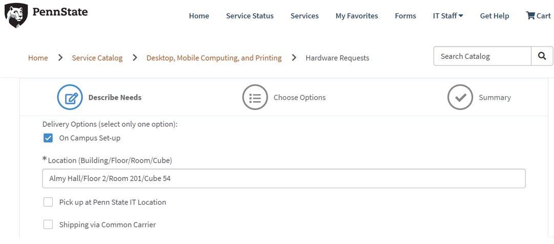 Image of Delivery Options on the Hardware Requests Order Guide